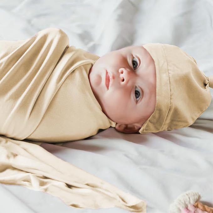 Newborn Swaddle Blanket with Hat Set Baby Swaddle Set Hospital Receiving Blankets for Girls Boys(Khaki)