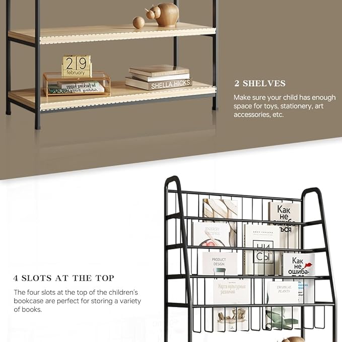 Metal Kids Bookshelf and Toy Storage Organizer,6 Tier Toddler Bookcase,Magazine Rack Floor, Book Shelf for Kids Rooms Classroom Nursery Living Room Office (Black, L:39.4")