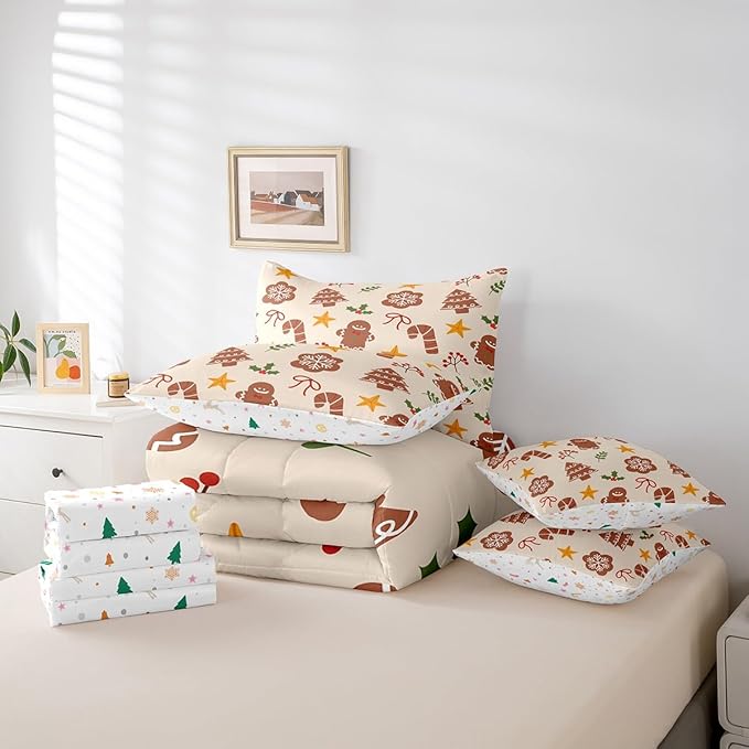 Merry Christmas Kids Bedding Set Xmas Theme Comforter Set with Sheets for Boys Girls Cartoon Gingerbread Man Christmas Tree Decor Bed in a Bag Brown Bed Set 7Pcs Queen Size