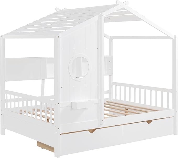 Full Size House Bed with 2 Drawers and Storage Shelf, Playhouse Design Solid Wood Kids Platform Bed Frame for Girls Boys, Decorable Daybed with Sturdy Slats Support, Space-Saving (AF-White)