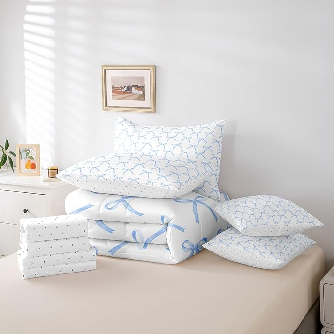 Manfei 7 Pieces Cartoon Bowknot Kids Comforter King Size,Bow Tie Knot Geometric Patchwork Fashion Bedding Set,Hand-Painted Sketch Blue Noble（Comforter+Fitted+Flat+2 Pillowcases+2 Throw Pillow Covers）