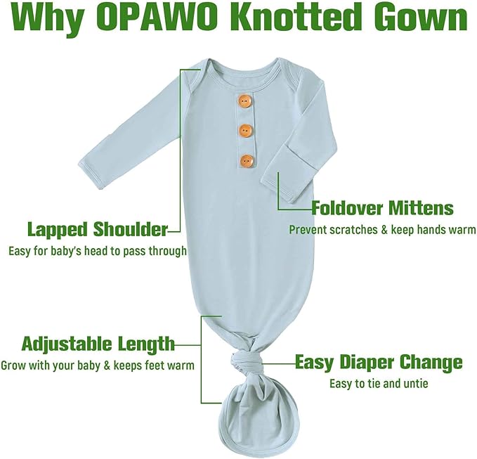 OPAWO Knotted Gown Baby Newborn Sleepers Baby Boy Coming Home Outfit, Bamboo Viscose Baby Gowns with Mitten Cuffs and Hat Set