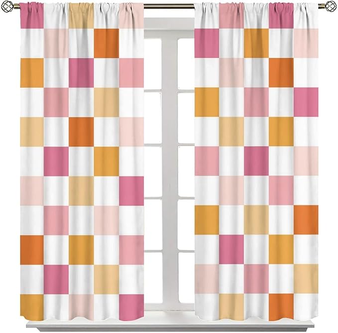Pink Checkered Curtains,70s Vintage Twisted Checkered Window Drapes Colorful Groovy Trendy Wavy Hippie Grid Print Window Treatments for Kids Girls Bedroom Living Room 84" W X 84" L