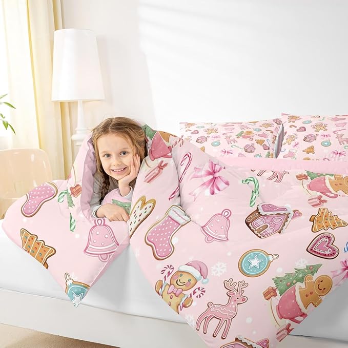 Merry Christmas Kids Comforter Set Twin Size,Gingerbread Man Elk Deer Bowknot Bedding Set Room Decor,Cute Girly Bow Tie Xmas Tree Quilt Comforter,Pink Colorful Duvet Set Bedroom Quilt Set,1 Pillowcase