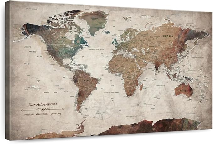 ElephantStock - Our Adventures World Map With Push Pin Iii Wall Art - Horizontal Canvas Wall Art - Living Room Wall Decor - Printmaking Map Canvas Art - Beige And Brown Decor - 48" x 32"