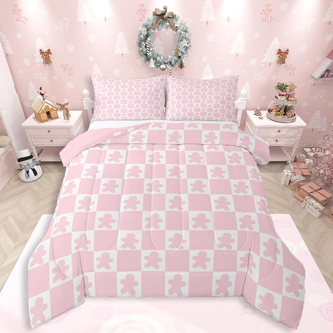 Feelyou Christmas Bedding Set Soft for Boys Girls,Checkered Comforter Set King Gingerbread Man Duvet Quilt Microfiber Xmas Decorations Bedroom Decor Pink 3 Pcs with 2 Pillow Cases Soft Lightweight