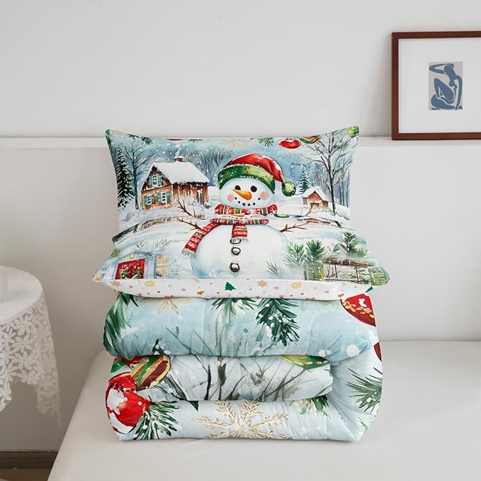 Castle Fairy Merry Christmas Full Size Comforter Set,Watercolor Cute Snowman Pine Trees Bedding Comforters Bedroom Collection,Xmas Cartoon Decor Natural Bedding Set for Girls Teens