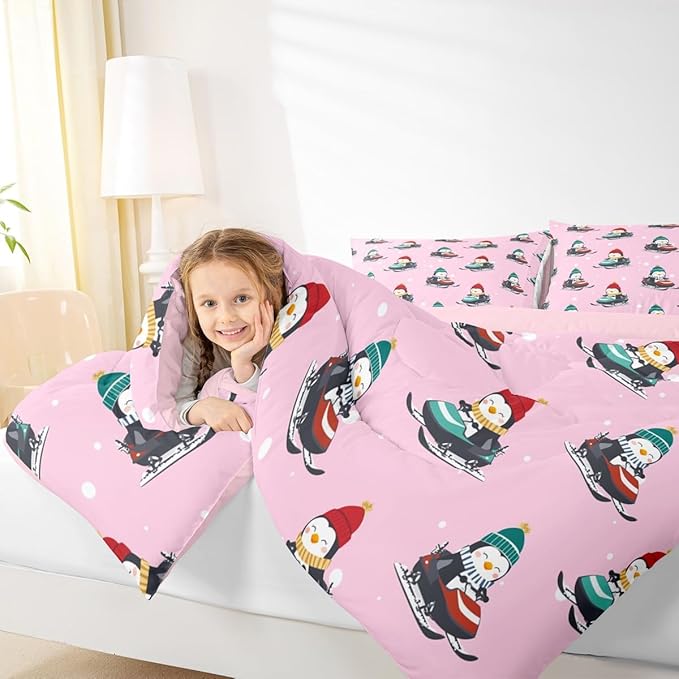 Feelyou Christmas Kids Comforter Set Queen Size Pink Penguin Bedding Set Cartoon Penguin Skiing Duvet Quilt for Kids Boys Girls Bedroom Snowflake Decor Microfiber Ultra Soft Breathable
