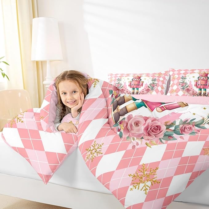 Feelyou Christmas Comforter Set Queen Size Pink Nutcrackers Bedding Set for Kids Boys Girls Rhombus Pattern Duvet Quilt Floral Bedroom Decor Snowflake Microfiber 3 Pcs with 2 Pillow Cases