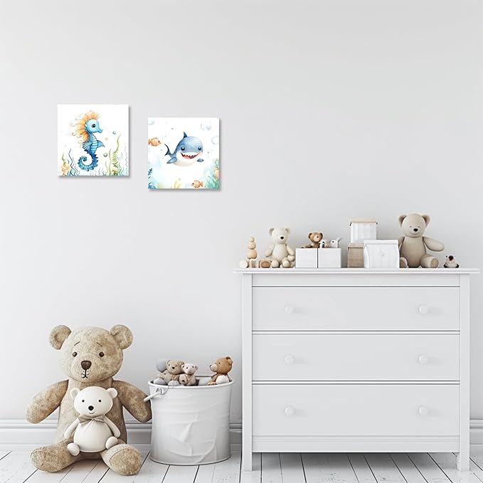 2 Piece Ocean Sea Canvas Wall Art for Nursery Decor - Cute Baby Seahorse Shark Underwater Paintings Pictures Ocean Theme Sea Life Posters Prints for Kids Room Bathroom Decor(Artwork-02, 16"x16"x2P)