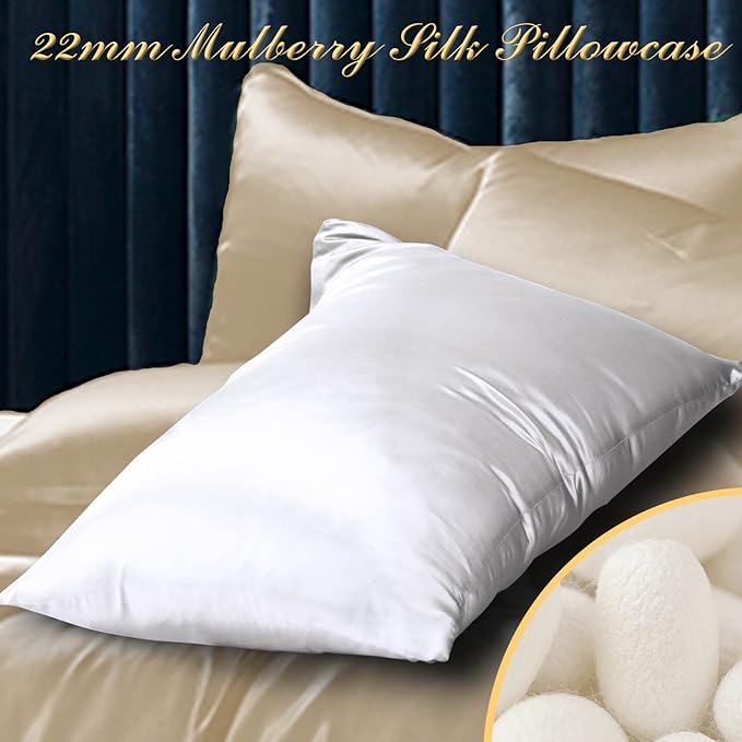 100% Mulberry Silk Pillowcase 2 Pack for Hair and Skin,with Hidden Zipper,Both Sides 22 Momme Natural Silk Pillow Cover,Soft Breathable & Smooth (White, Queen)