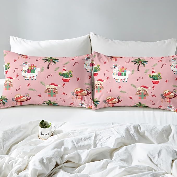 Manfei New Year Duvet Cover Set Twin Size, Cute Xmas Sloth Alpaca Print Bedding Set 2pcs for Kids Boys Girls Bedroom Decor, Christmas Theme Comforter Cover with 1 Pillowcase,No Comforter