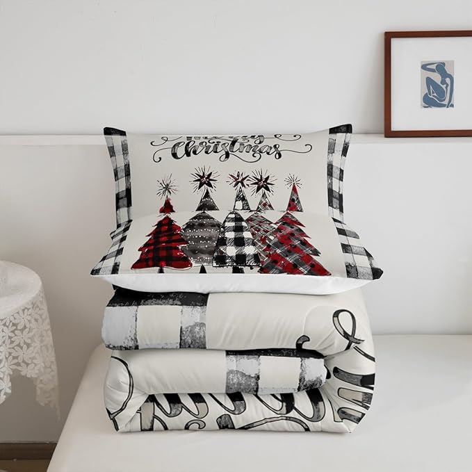 Christmas Trees Kids Comforter Set Full Size,Geometric Grids Ink Tie-dye Bedding,Girls Boys Adults Bedroom/Xmas Cabin Decor,Rustic Vintage Down Comforter,Black Grey Retro Duvet Insert,2 Pillowcases