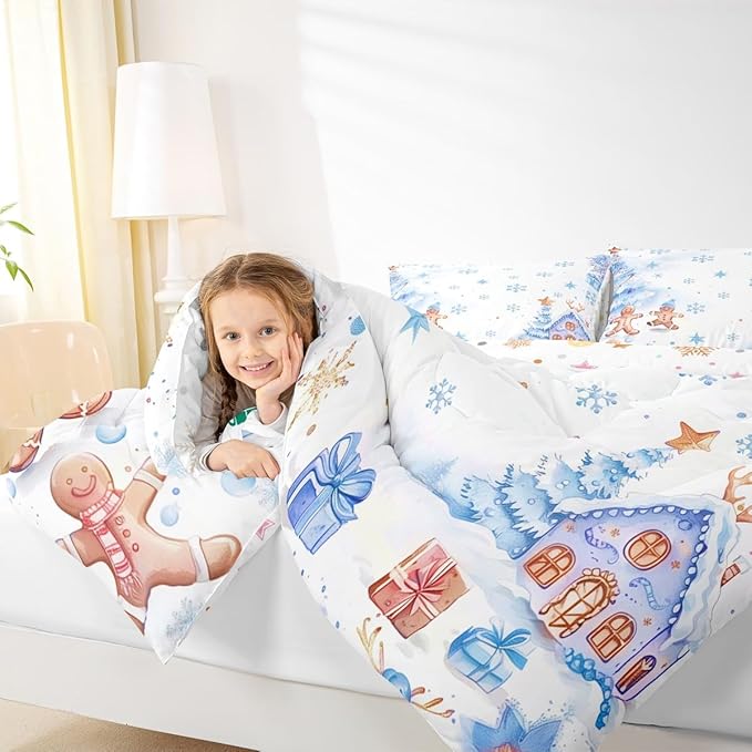 jejeloiu Kids Christmas Theme Comforter Set Queen Size Blue Xmas Gingerbread Man Bedding Set for Boys Girls Teens Candy House Snowflake Winter Happy New Year Duvet Quilt Room Decor