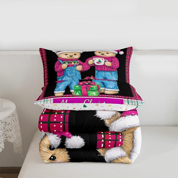 Feelyou Merry Christmas Kids Comforter Set Toddler Size Cute Bear Bedding Set Duvet Quilt for Kids Boys Girls Bedroom Winter Decor Microfiber Ultra Soft Breathable