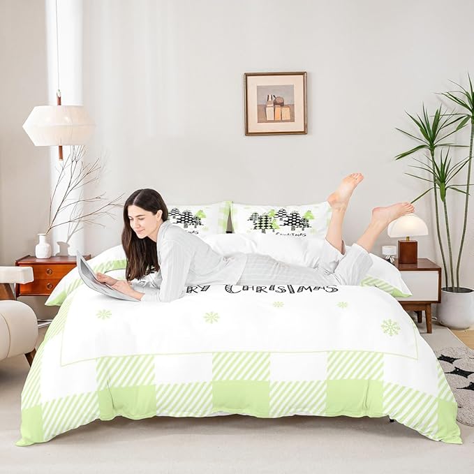 Manfei Xmas Trees Duvet Cover Set Full Size, Green Plaid Grid Snowflake Bedding Set for Kids Girls Bedroom Decor, Christmas Theme Comforter Cover New Year Quilt Cover with 2 Pillowcases, No Comforter
