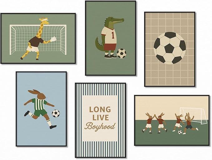 Soccer Posters, Nursery Animal Sports Posters, Long Live Boyhood Inspirational Quote Print, Football Athletes Giraffe Rabbit Crocodile Pictures, Boys Bedroom Sports Artwork 12x16in Wrapped Canvas