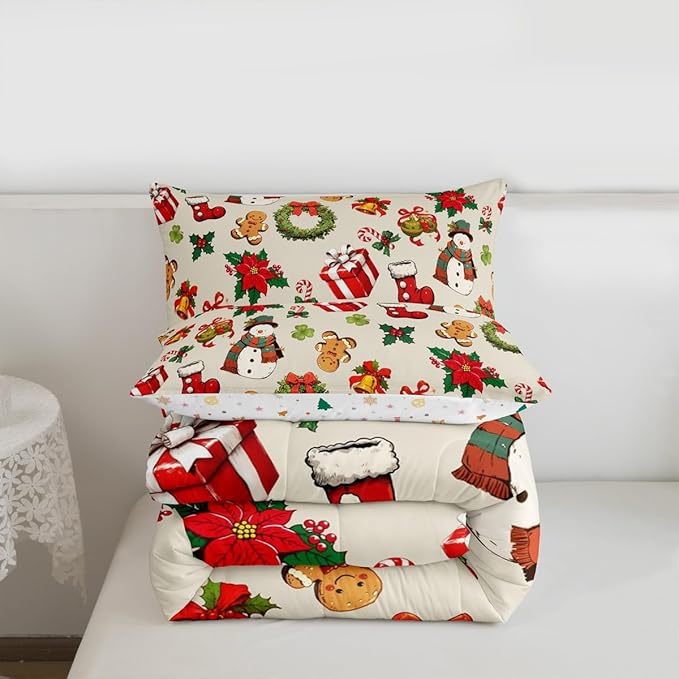 jejeloiu Merry Christmas Comforter Set Full Size Cute Snowman Bedding Set for Kids Boys Girls Gingerbread Man Duvet Quilt Beige Bedroom