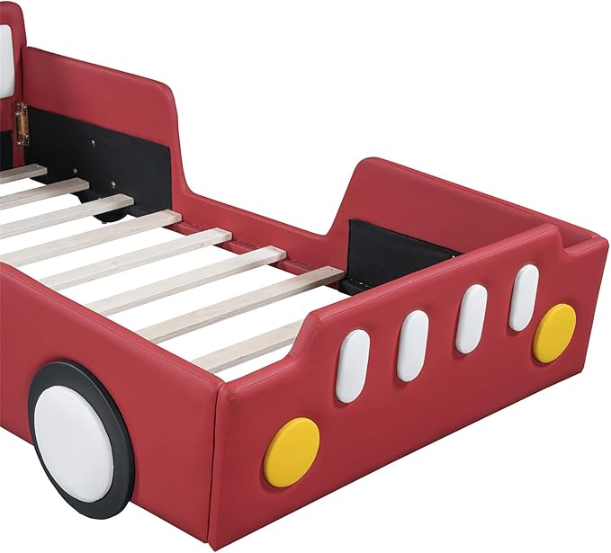 Merax Twin Bed Frames for Boys,Race Car Platform Bed with Wheels,Soft PU Leather Headboard and Footboard,Kids Car Bed Twin Size No Box Spring Needed