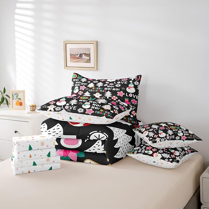 Christmas Kids Bedding Set Cartoon Snowman Gingerbread Man Comforter Set with Sheets for Boys Girls Christmas Tree Decor Bed in a Bag Pink Xmas Theme Black Bed Set 7Pcs Full Size