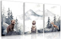 Cyebmo Framed Woodland Boy Nursery Wall Art Set of 3, Whimsical Boy Adventure Wall Decor, Mountain Forest Animal Bear Fox Wrapped Canvas Artwork for Classroom Kids Room Baby Nursery 12"x16"x3