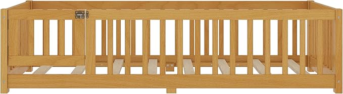 Harper & Bright Designs Twin Floor Bed Frame with Safety High Fence, Wood Montessori Bed with Door, Twin Size Floor Beds with Solid Wood Support Slats for Boys, Girls, Kids, Natural