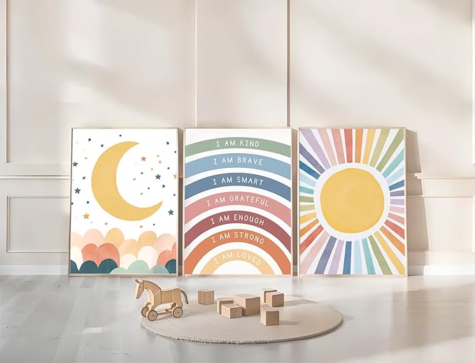 KBIERQN 3Pcs Boho Sun moon Wall Art Nursery Positive Affirmations Rainbow Poster Prints Bohemian Star Heart Canvas Picture for Toddler Baby Girls Room Playroom Bedroom Wall Decor 12x16in Unframed