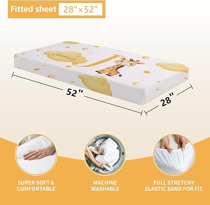Custom Baby Bedding Set, 5 Pcs Personalized Name Baby Crib Sets for Infant Toddler Newborn, Yellow Giraffe Nursery Bedding Set for Girls Boys, Double Layer Crib Bedding Sets Customized Gifts