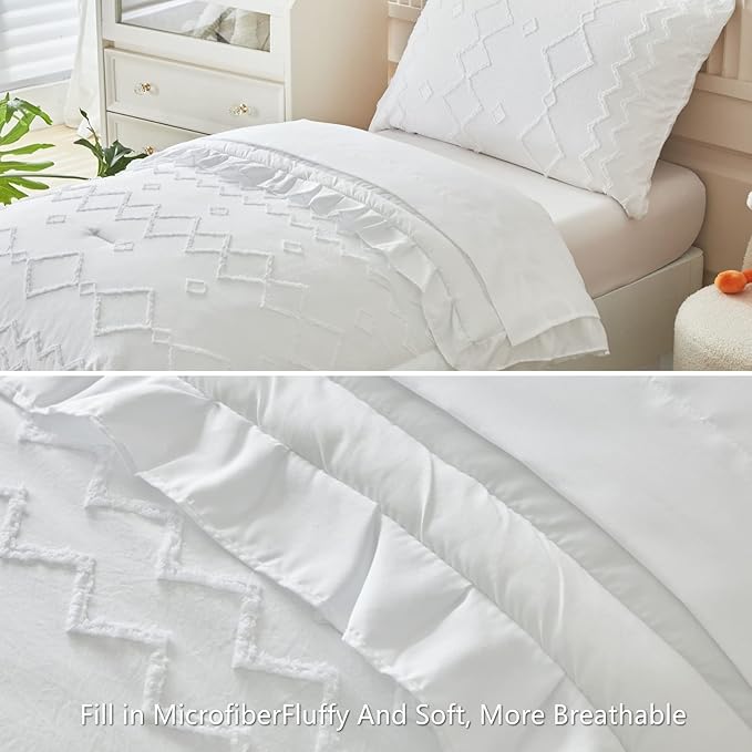 AIKASY Toddler Bedding Set 4 Pieces Super Soft Comforter Set, Shabby Boho Bohemian Design for Boys and Girls（Ruffle Fringe Comforter, Flat Sheet, Fitted Sheet and Pillowcase）- White