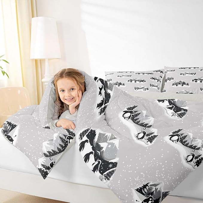 Feelyou Christmas Kids Comforter Set Queen Size Polar Penguin Bedding Set Snowflake Duvet Quilt for Kids Boys Girls Bedroom Winter Decor Microfiber Ultra Soft Breathable