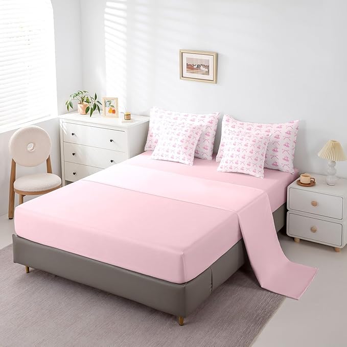 7 Pieces Cartoon Bowknot Kids Comforter Set Queen,Pink Bow Tie Butterfly Knot Princess Bedding Set,Cherry Bow Patchwork Romantic（Comforter+Fitted+Flat Sheet+2 Pillowcases+2 Throw Pillow Covers）