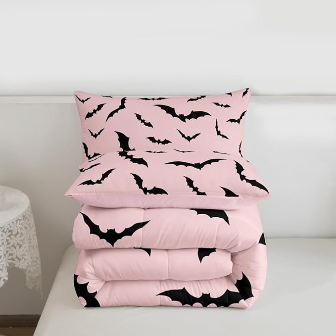 Erosebridal Pink Halloween Bedding Set Gothic Bats Comforter Set Toddler Size,Spooky Halloween Decor Quilt for Kids Boys Girls Adults Black Pink Goth Themed Duvet Insert,Goth Horror Animal