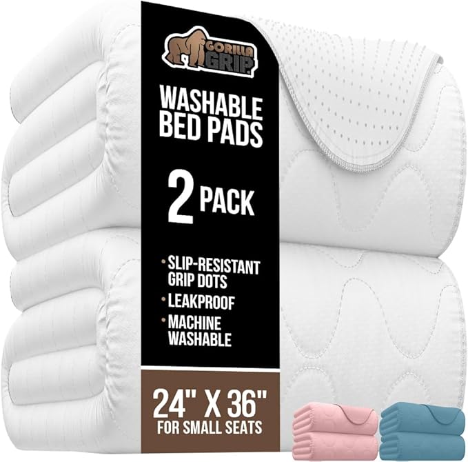 GORILLA GRIP Washable Underpads, Waterproof Reusable Heavy Absorbency Incontinence Bed Pads, Leak Proof Toddler Mattress Pad, 24x36 2 Pack, Slip Resistant for Bedwetting, Adults and Kids, White