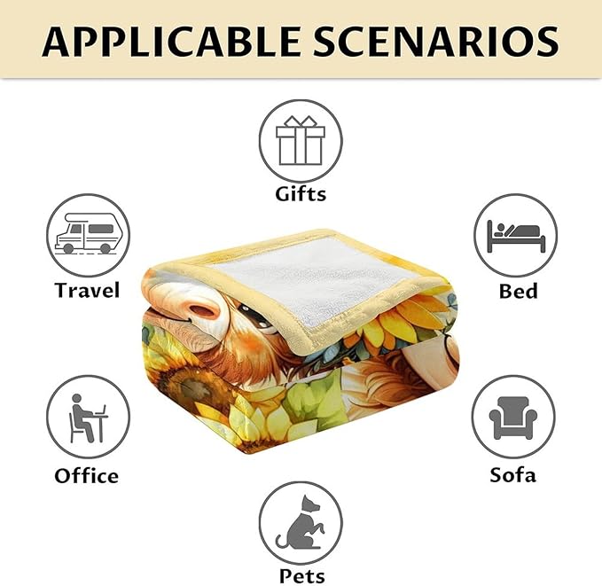 Highland Cow Blanket Gifts - 40" x 50" Inches Cartoon Highland Cow Throw Blanket for Boys Girls- Yellow Soft Furry Blankets Gift for Sofa, Crib & Bed