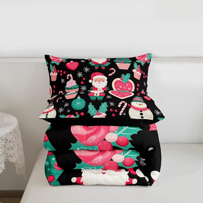 Feelyou Christmas Decor Comforter Set Queen Size Pink Santa Claus Bedding Set for Kids Boys Girls New Year Gift Duvet Quilt Snowman Bedroom Decor Microfiber 3 Pcs with 2 Pillow Cases