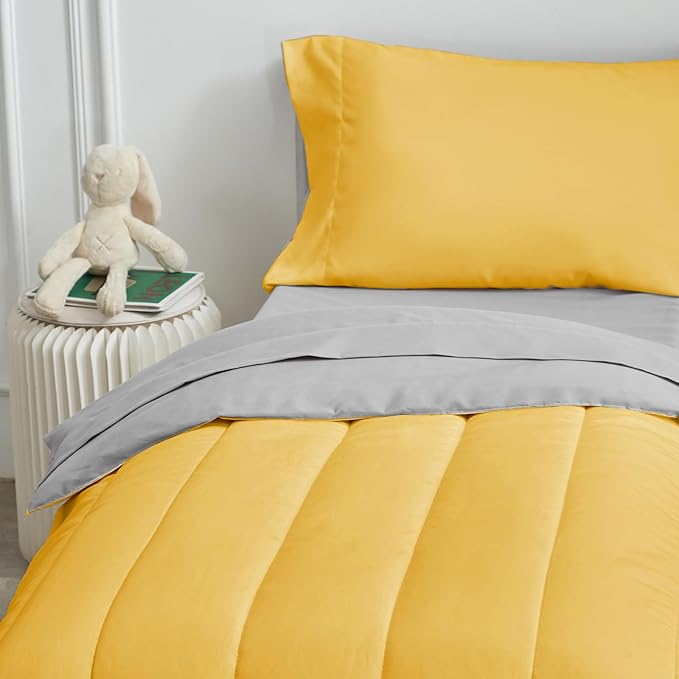 UOZZI BEDDING Yellow 4 Pieces Toddler Bedding Set Ultra Soft and Breathable Toddler Sheet Set - Includes Comforter, Flat Sheet, Fitted Sheet and Pillowcase (Yellow with Gray)