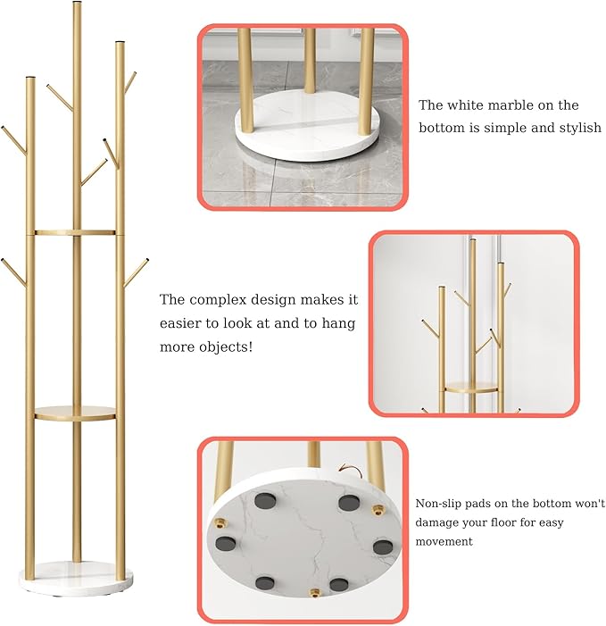 Gold Coat Racks Freestanding with 9 Hooks, Metal Coat Stand with Heavy Marble Base, Entryway Coat Tree Hanger, Purses Racks