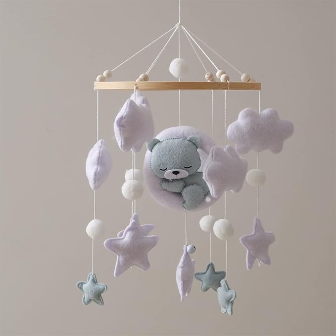 Baby Crib Mobile - Sleeping Bear Mobile for Crib, Felt Cloud Stars Nursery for Boys and Girls, Baby Nursery Hanging Decor (C)