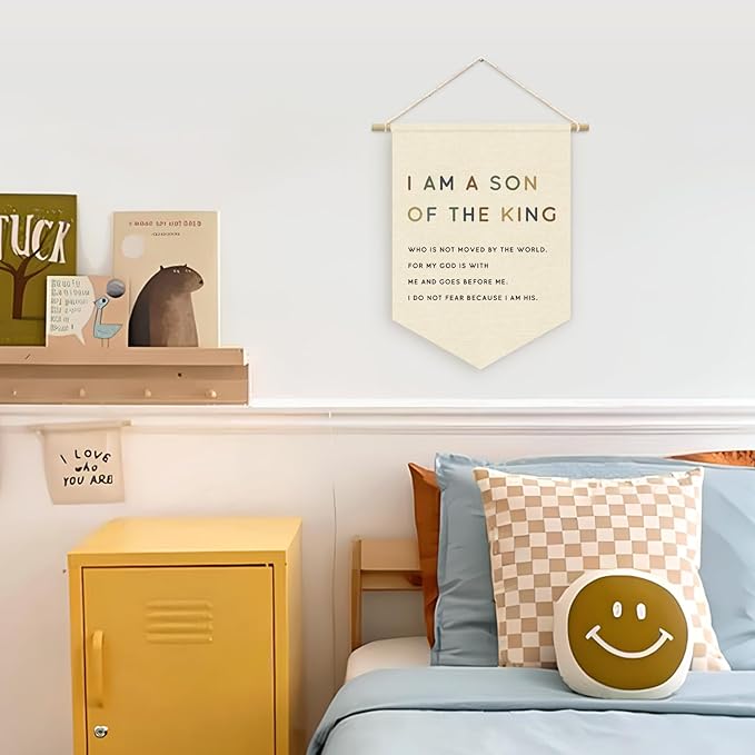 Homeschool Decor Boy Nursery Decor, I am a Son of the King Banner, Christian Religious Bible Verse Wall Hanging Pennant Flag for Boys Bedroom Playroom, Inspirational Wall Decor