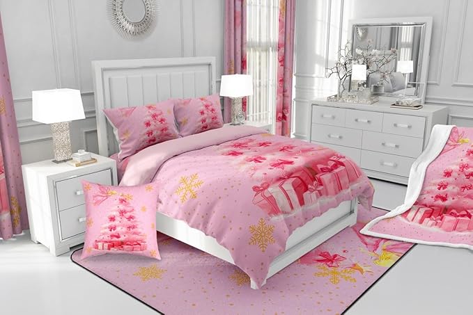 Erosebridal Xmas Tree Toddler Bedding Sets Merry Christmas Comforter Sets for Kids Boys Girls Teens Snowflake Decorations Down Comforter Princess Bow Pink Decor Duvet Insert