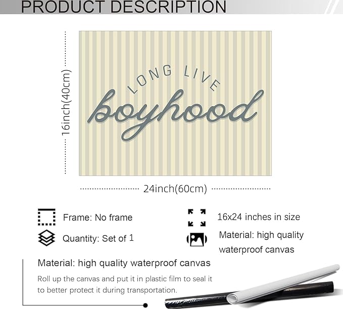 YYS Long Live Boyhood Quote Wall Art Preppy Blue Stripe Poster Modern Fashion Minimalist Canvas Prints for Boy Nursery Bedroom Wall Decor 16x24 inch Unframed