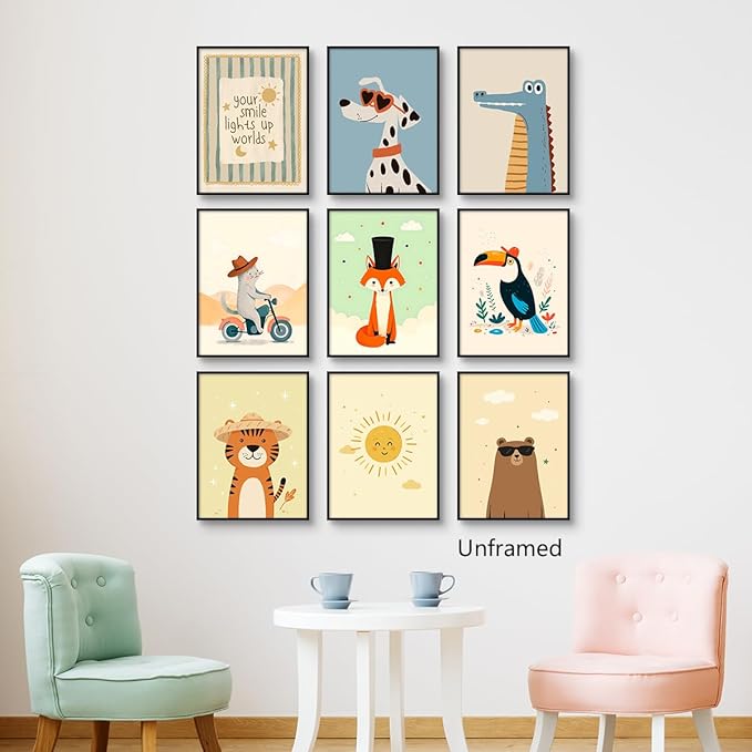 9 Pieces Nursery Animals Canvas Wall Art, Kids Room Fashion Sunglasses Dog and Bear Poster, Cute Crocodile Fox Cat and Lion Picture, Warming Sunshine Print for Baby Bedroom Playroom 12x16in Unframed