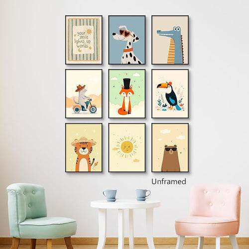 9 Pieces Nursery Animals Canvas Wall Art, Kids Room Fashion Sunglasses Dog and Bear Poster, Cute Crocodile Fox Cat and Lion Picture, Warming Sunshine Print for Baby Bedroom Playroom 12x16in Unframed