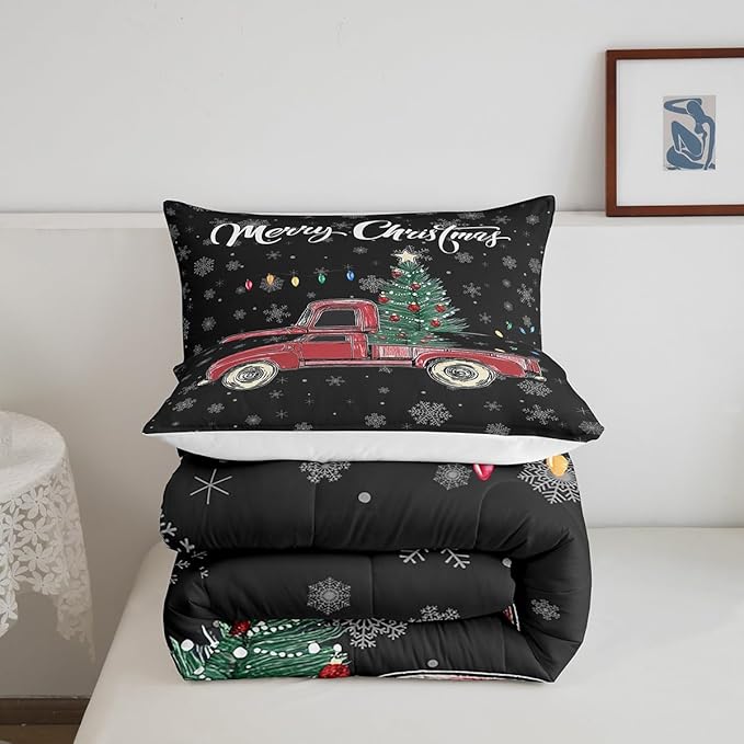 Castle Fairy Merry Christmas Theme Kids Comforter Set King,Xmas Tree Red Truck Snowflake Watercolor Graffiti Print Bedding Set for Teenager Bedrrom Decor,Farmhouse Vintage Rustic Quilt 3 Pcs