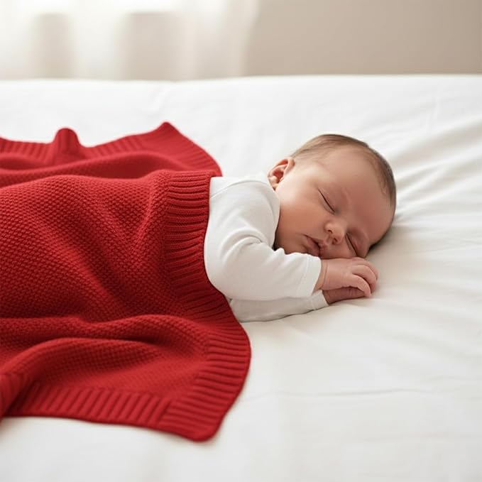 Baby Knit Blanket Soft Cotton Lightweight Newborn Blanket for Crib Stroller Toddler Nursery Shower Gift Cozy Breathable Travel Swaddle Wrap Red 30 x 40 Inches
