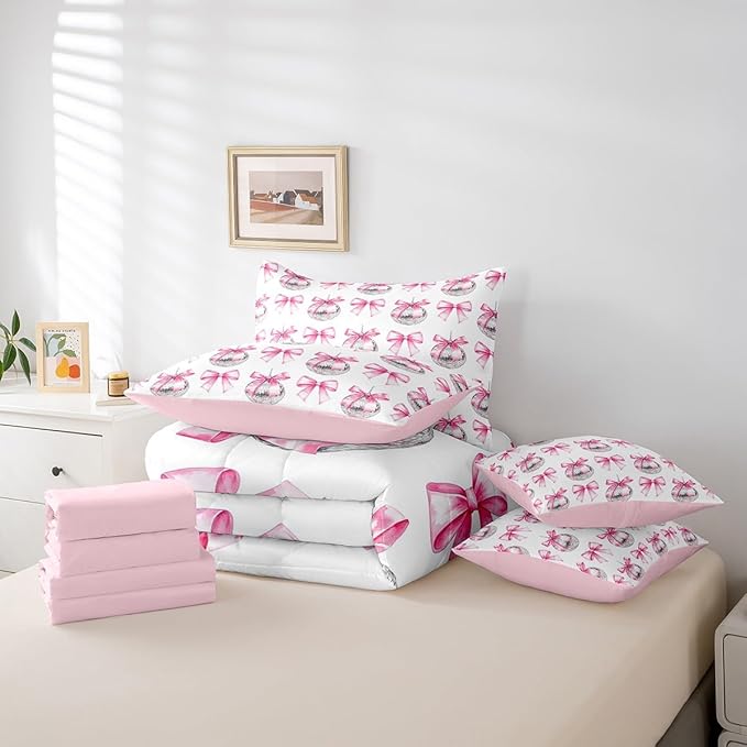7 Pieces Cartoon Bowknot Kid Comforter Queen,Bow Tie Butterfly Knot Princess Bedding Set,Western Cowgirl Disco Ball Retro Pink White（Comforter+Fitted+Flat Sheet+2 Pillowcases+2 Throw Pillow Covers）