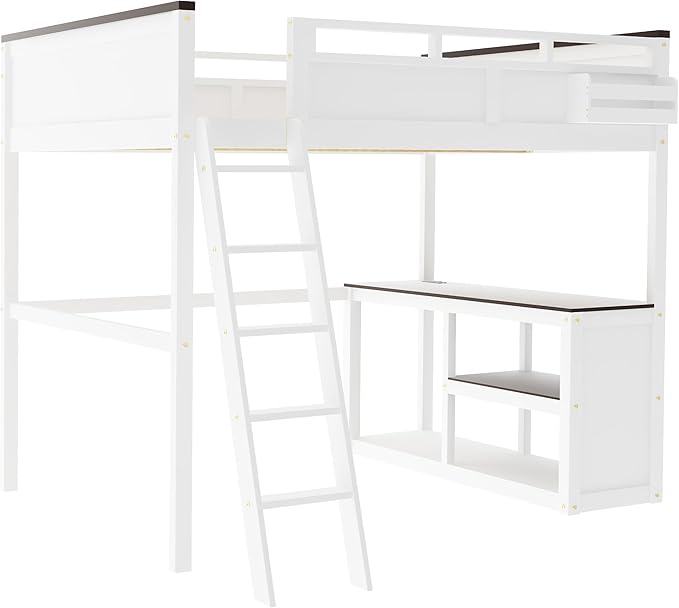 Bellemave Queen Loft Bed with Desk, Queen Size Loft Beds with Storage Shelves for Kids Adults Boys Girls Teens, White