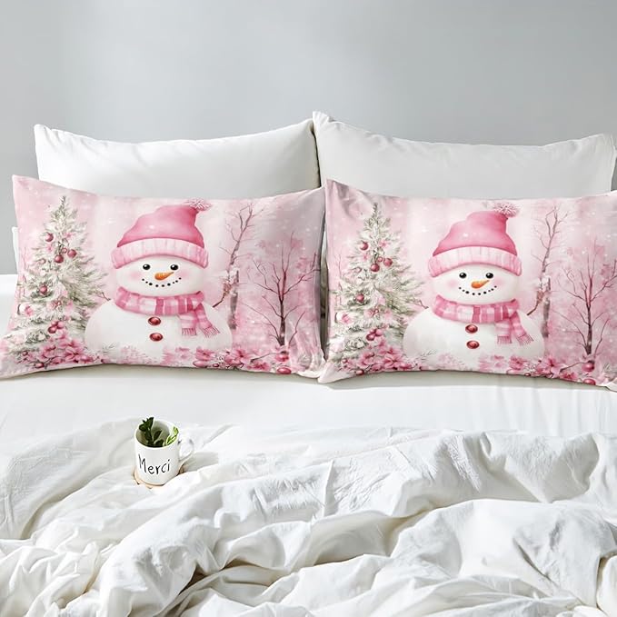 Manfei Christmas Kids Duvet Cover Set King Size, Cute Snowman Pink Flower Bedding Set for Boy Girl Room Decor, New Year Xmas Comforter Cover, Lightweight Bedspread Cover, 2 Pillowcases, No Comforter