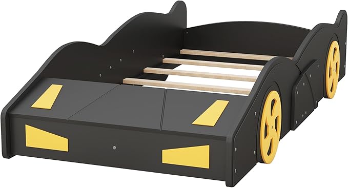Harper & Bright Designs Twin Size Race Car-Shaped Platform Bed with Wheels and Storage, Black+Yellow