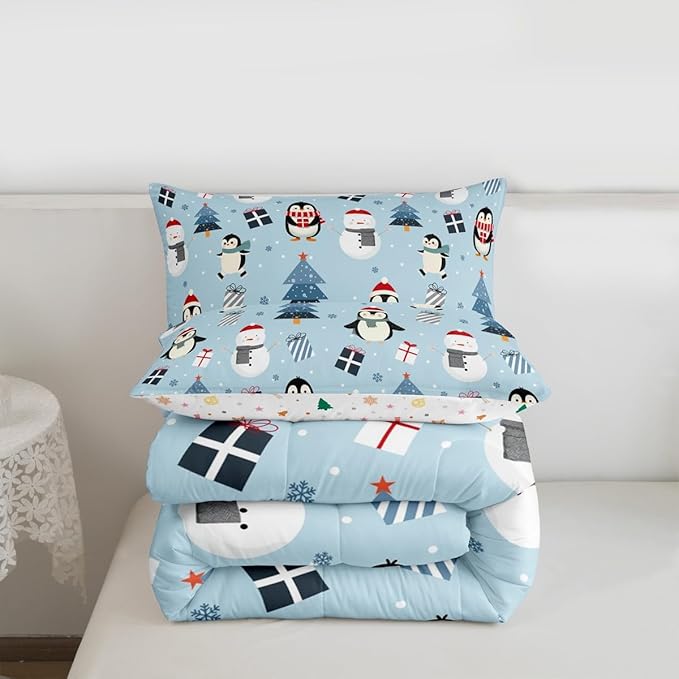 Feelyou Merry Christmas Bedding Set Soft for Boys Girls, Penguin Comforter Set King Size Xmas Tree Snowman Duvet Quilt Microfiber Gift Snowflake Bedroom Decor 3 Pcs with 2 Pillow Cases